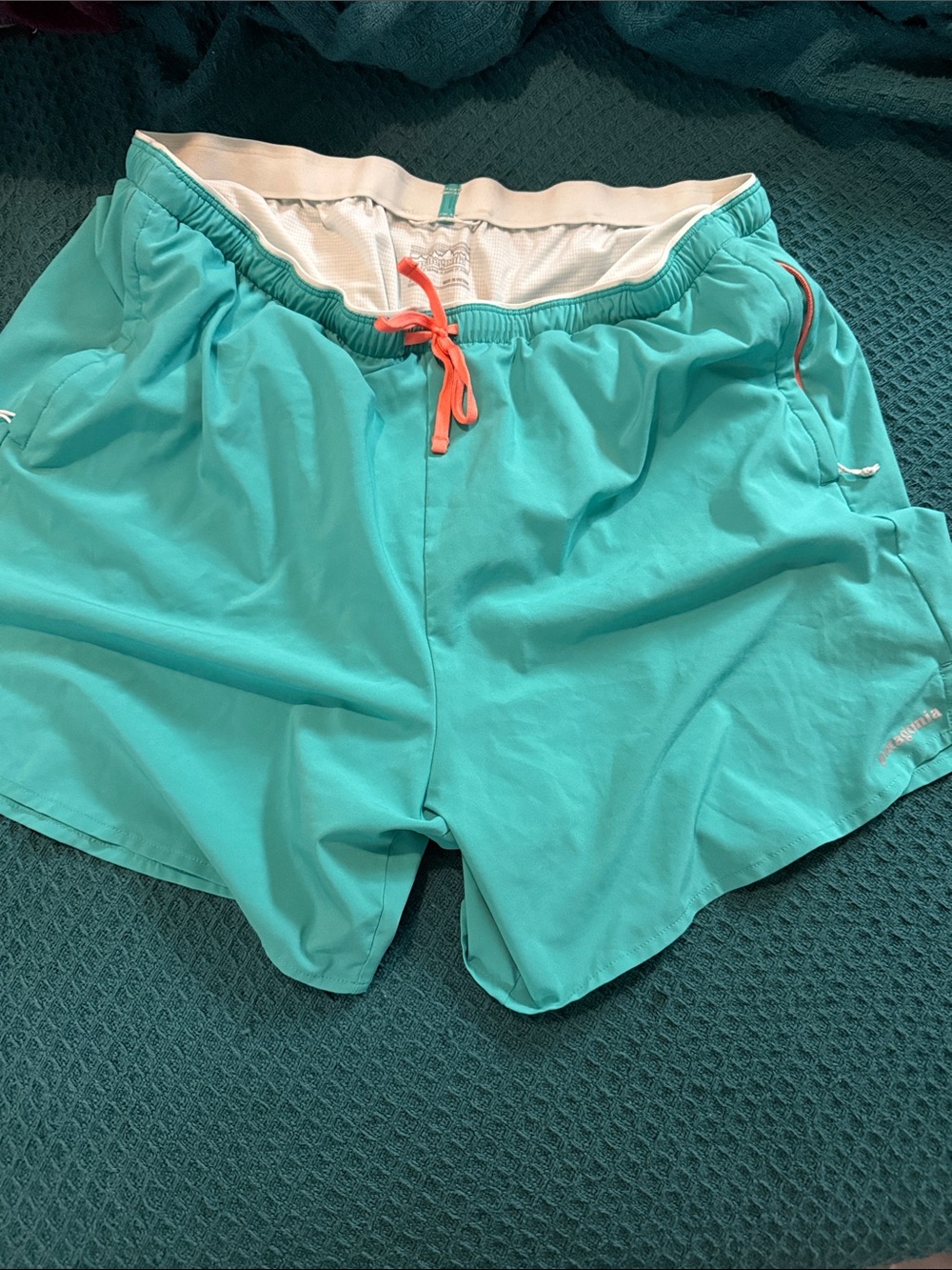 Patagonia Teal Athletic Shorts with Coral Drawstring